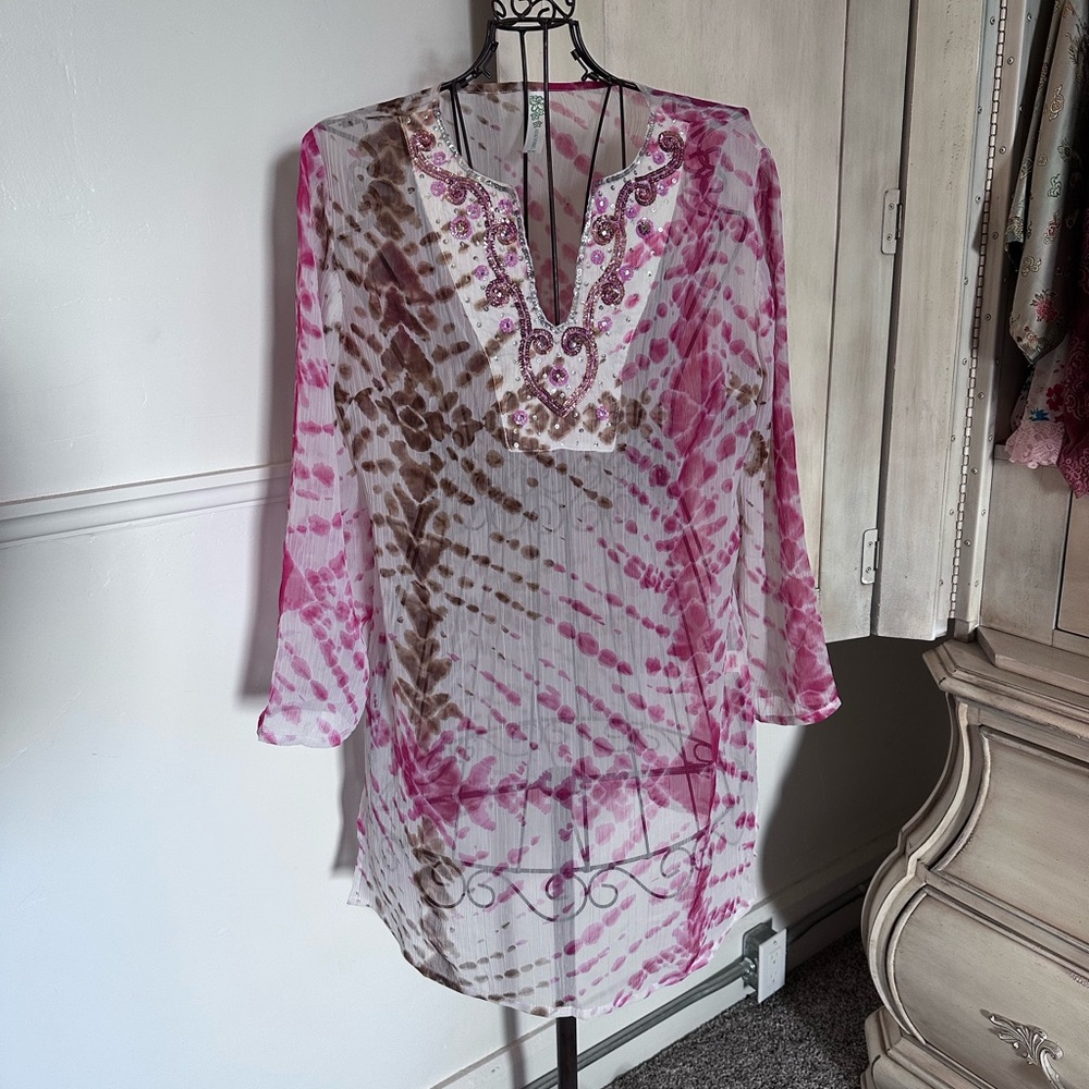 Chic Pink and Brown Tie-Dye Swim Cover-Up